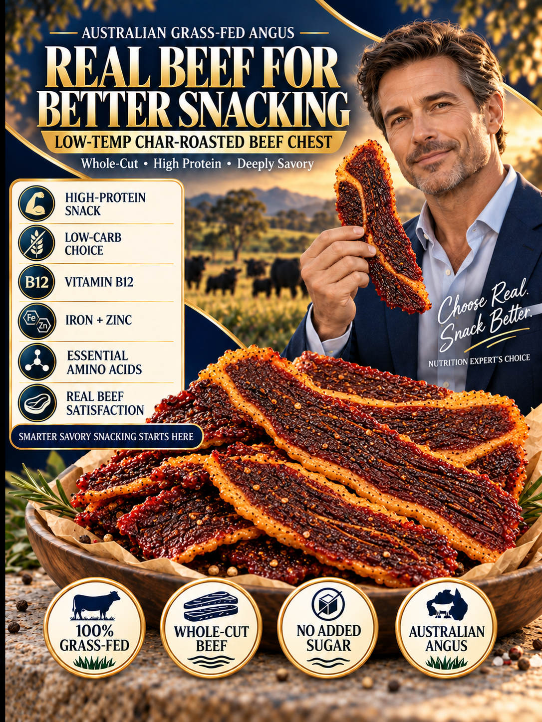 Australian Grass-Fed Angus Beef Chest Snack | Thick-Cut & High-Protein-Leon